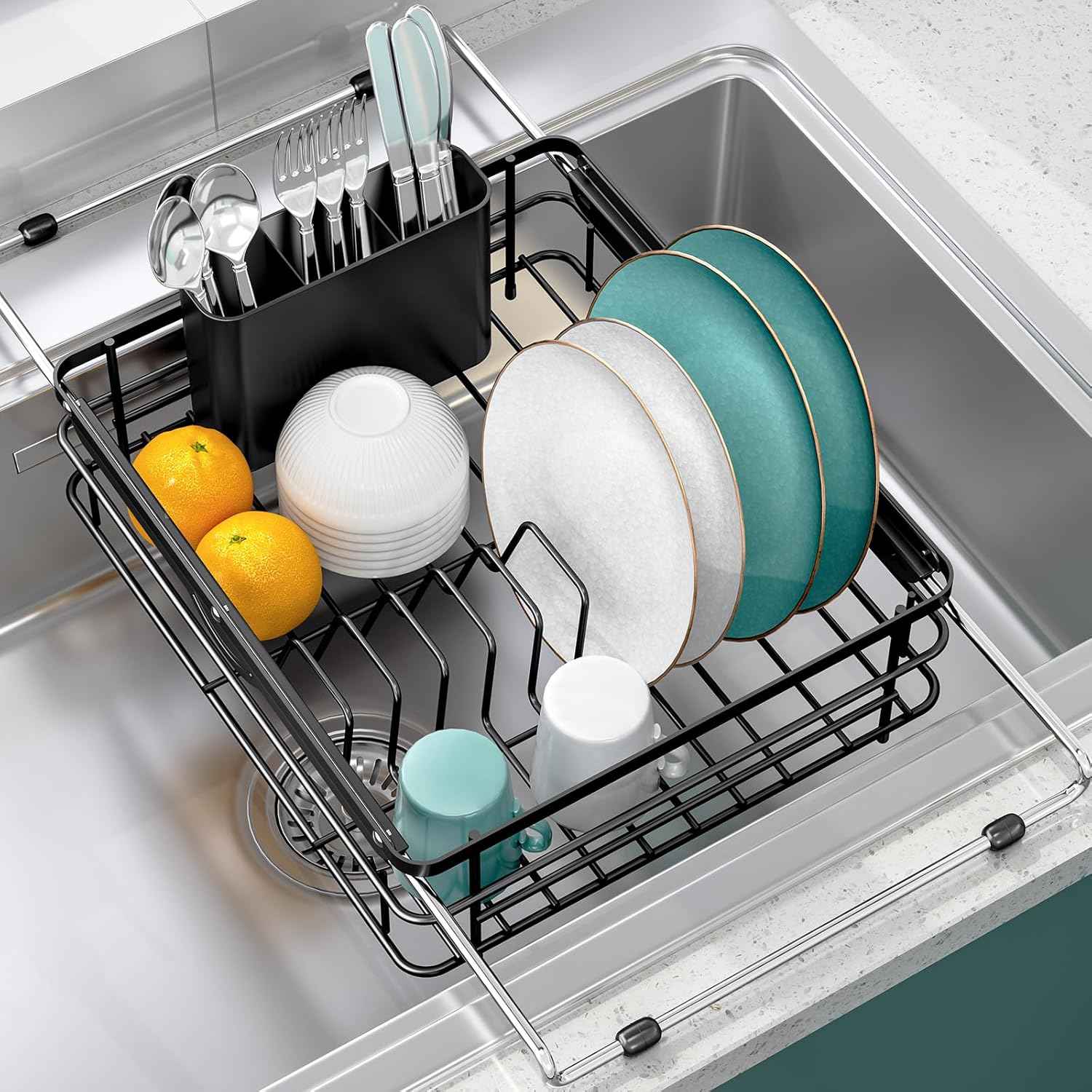 Over the Sink Dish Drying Rack,In Sink Dish Drying Racks,Expandable Dish Rack Over Sink Counter,Adjustable Dish Drainer for Inside Sink with Utensil Holder, Stainless Steel Dish Strainer Large Size