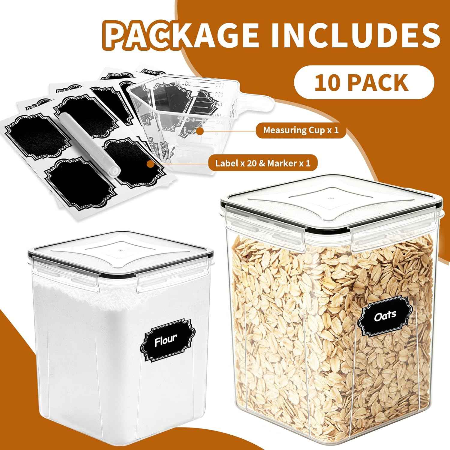 Flour Sugar Storage Containers, 10 Pack Large Airtight Food Storage Containers with Lids for Kitchen Pantry organization and storage, BPA Free Plastic Canisters Sets for Cereal, Rice and Baking