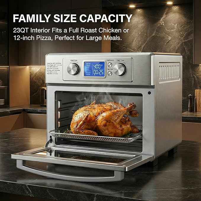 OLIXIS Air Fryer Toaster Oven Combo Extra Large, 23QT Convection Oven Countertop 4 Functions in 1, 4 Accessories Included, Stainless, Up to 450°F