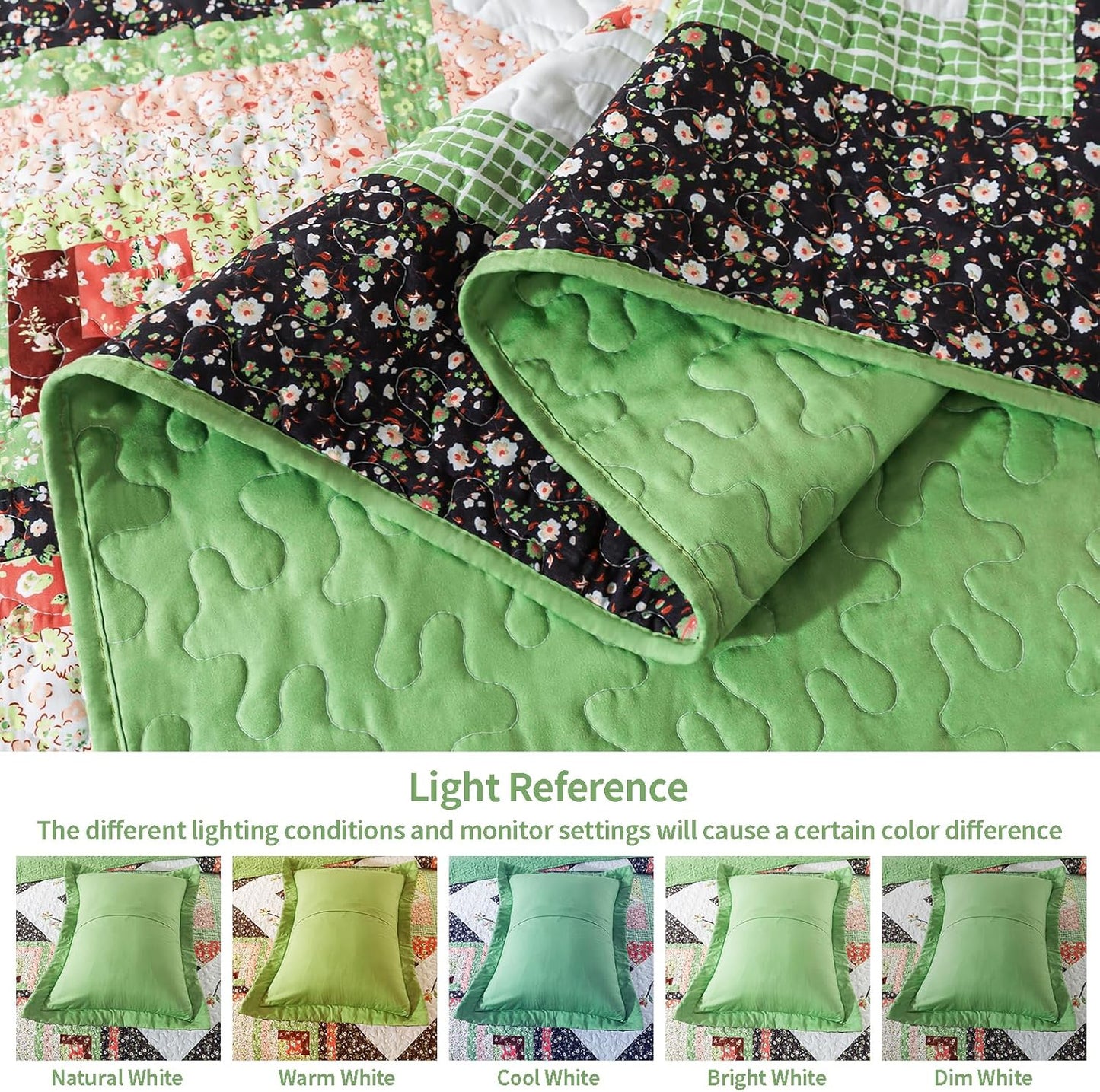 VAPUTAR Quilt King Size Bedding Set - Soft King Size Quilt Set for All Season, Lightweight Reversible Coverlet Bedspread for Farmhouse Bedroom (98 × 106 Inch), Green