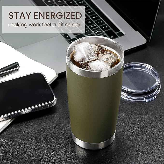 MEWAY 20oz Tumbler 12 Pack Double Wall Vacuum Insulated Travel Mug Bulk, Stainless Steel Tumblers with Lid and Straw, Durable Powder Coated Coffee Cups for Cold & Hot Drinks (Army Green, 12)