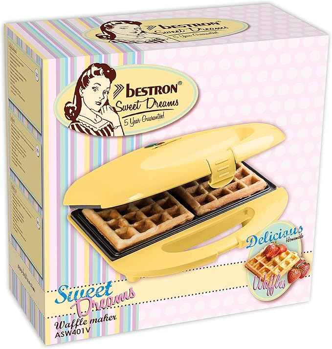 Bestron Brüsseler Waffeleisen im Retro Design, Waffelmaker für 2 belgische Waffeln, mit Antihaftbeschichtung & Backampel, 700 W, Farbe: Gelb