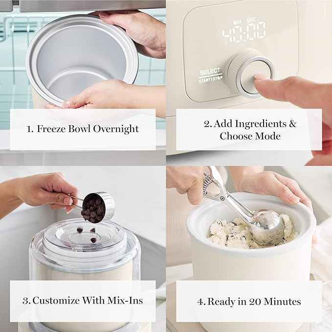 Martha Stewart Ice Cream Maker, 2 Quart Double-Insulated Freezer Bowl, Sorbet & Frozen Yogurt, Ready in 20 Minutes, Mix-Ins Chute, Easy to Clean, Linen White