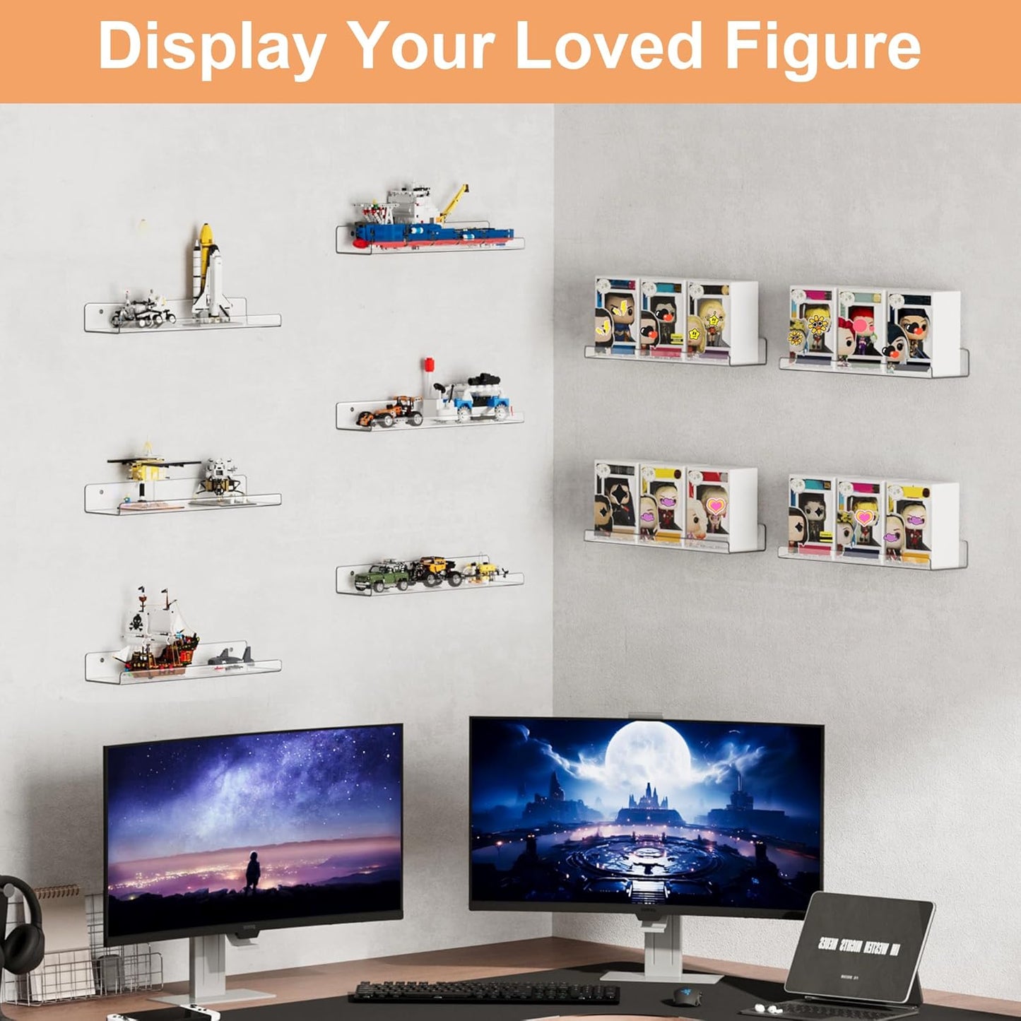 upsimples 8 Pack Acrylic Shelves Wall Organizer and Storage, 15" Display Shelf for Figure, Toy Cars, Perfume, Kids Bookshelf for Bedroom, Nursery, Craft Room, Clear
