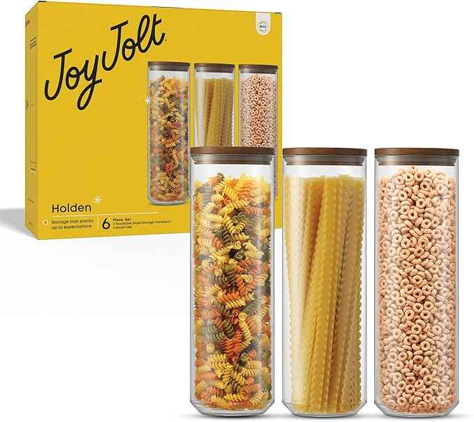 JoyJolt Holden 72oz Stackable Glass Storage Containers with Lids, Large Kitchen Food Storage Canisters with Acacia Wood Lids, Airtight Canister Set of 3 for Pasta Sugar Flour, Pantry Organization