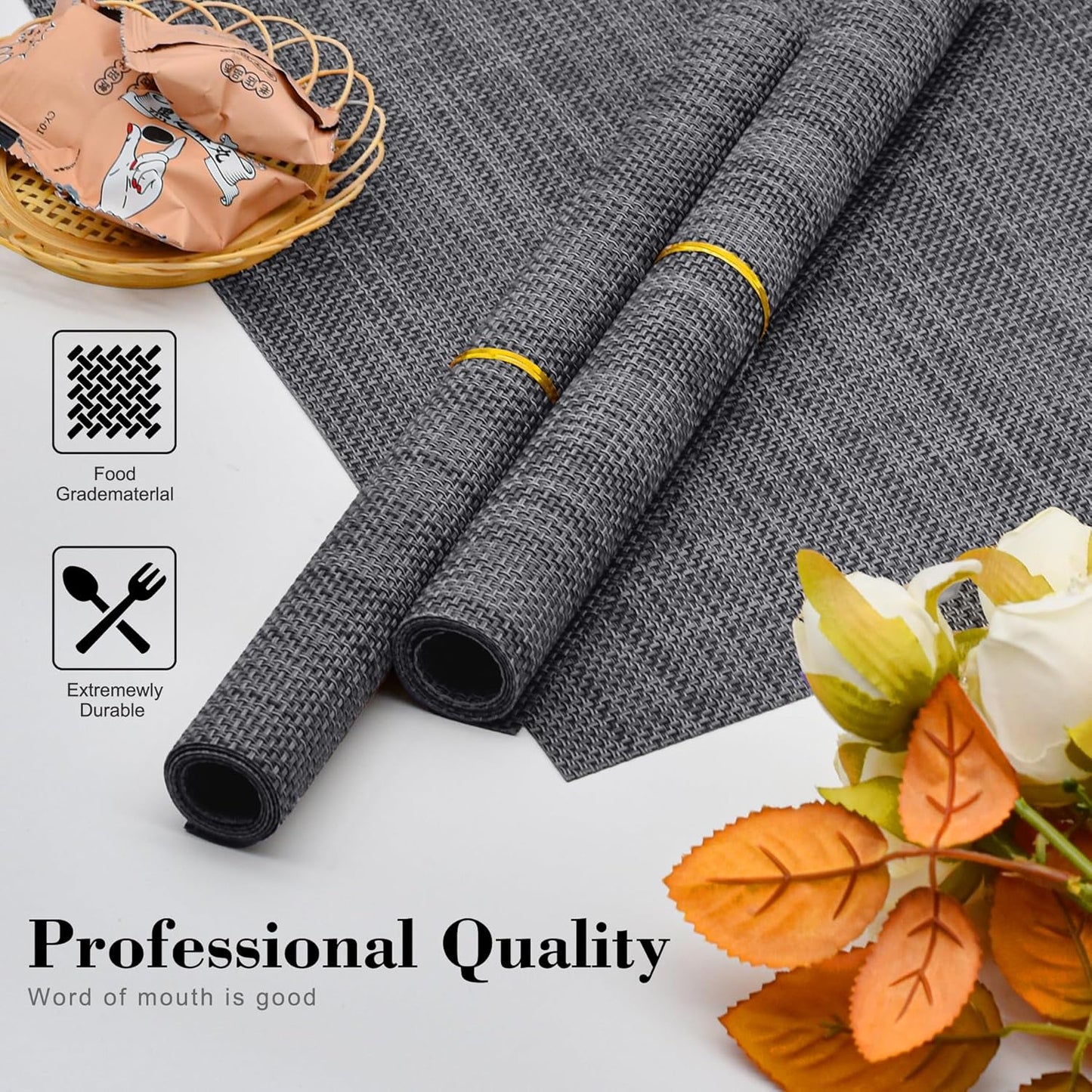 CADONO Placemats Set of 4 Washable Indoor/Outdoor Vinyl Place Mats for Dining Table Durable Non-Slip Heat Resistant PVC Weave Table Mats（Black）