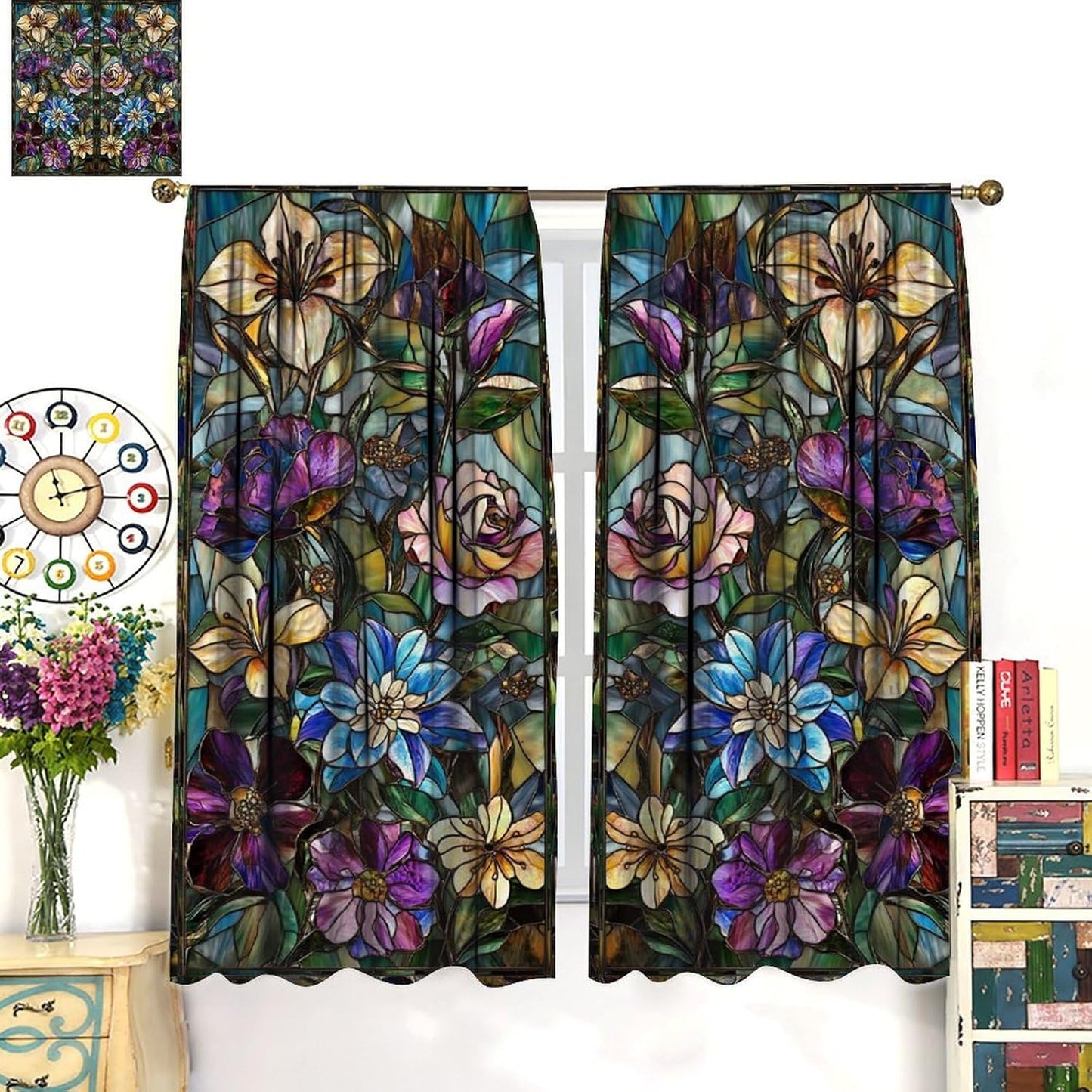 Stained Glass Curtains,Retro Colored Glass Flowers Art Home Decor Drapes for Bedroom Living Room Kitchen Window Treatment 2 Panels Set Total Size 84" W X 84" L Inch