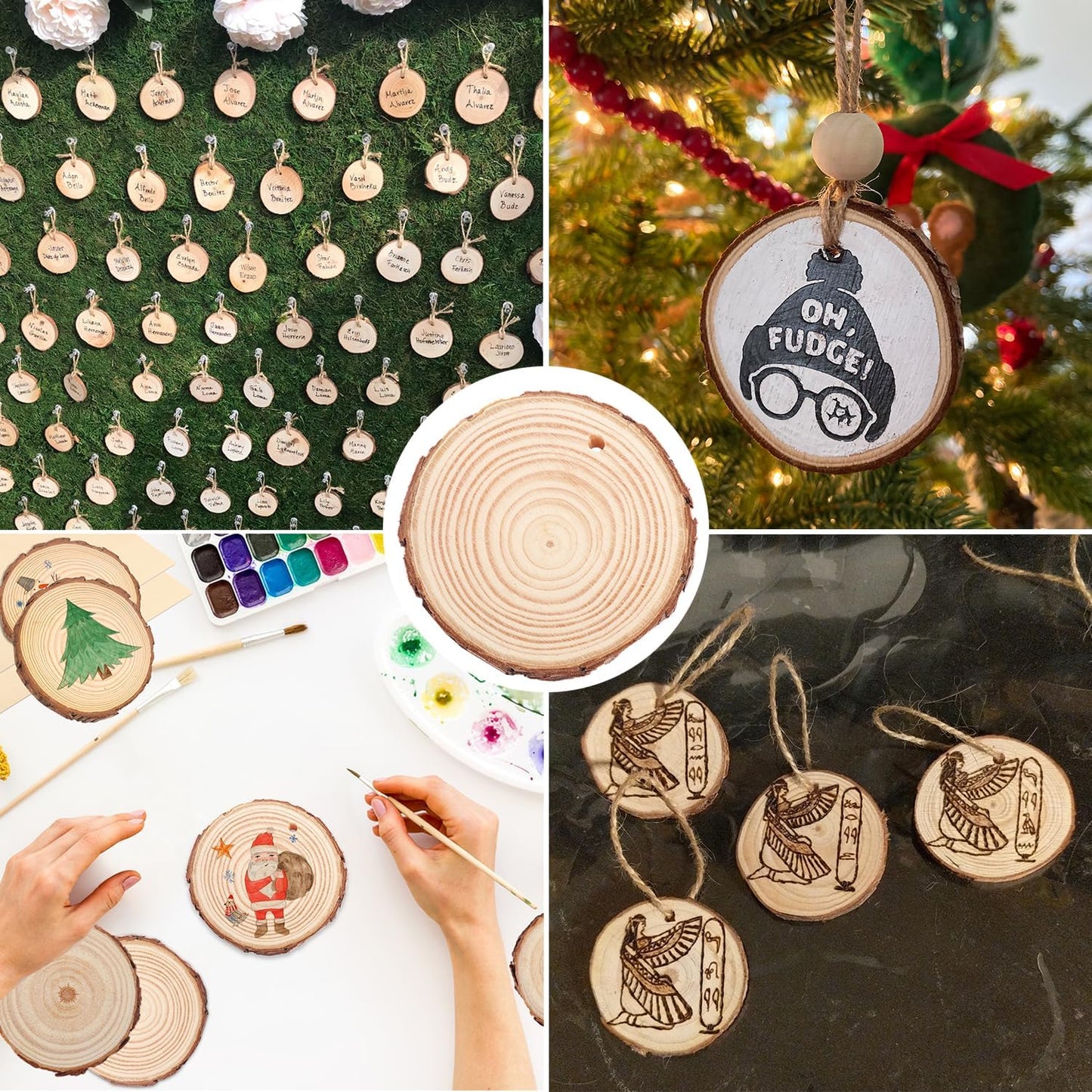 100 PCS 3.2-3.6inch Unfinished Wood Slices, Natural Wood Slices, Predrilled with Hole Wood Slice for DIY Arts Craft Christmas Ornaments