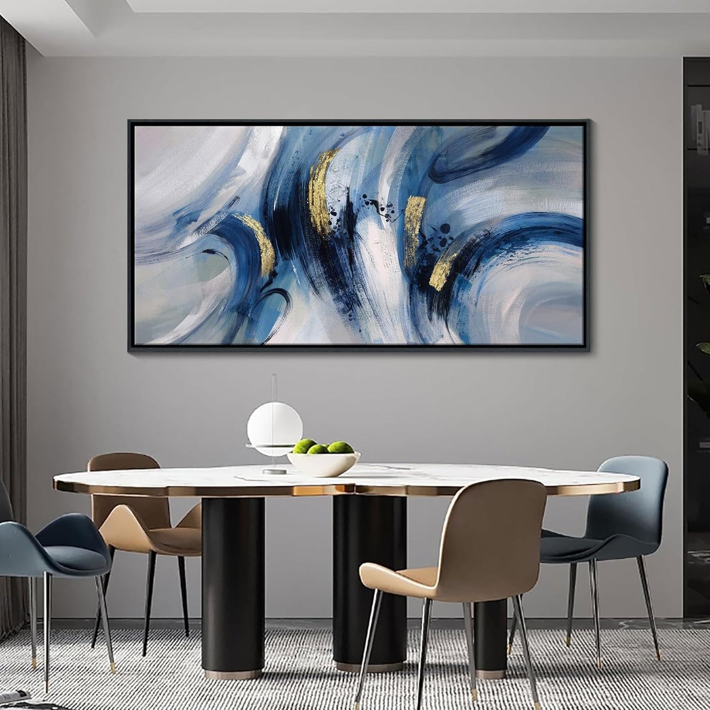 Abstract Line Art Framed Canvas - Modern Blue and Grey, Large 24x48 Inches, Minimalist Bedroom & Living Room Art, Ready to Hang