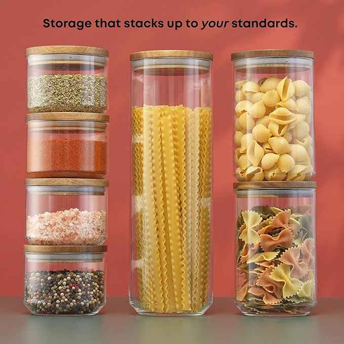 JoyJolt Holden 7-Piece Stackable Glass Storage Containers with Lids, Airtight Food Canister Set with Acacia Wood Lids, Round Stacking Pantry and Kitchen Containers for Pasta, Flour, Sugar, Coffee