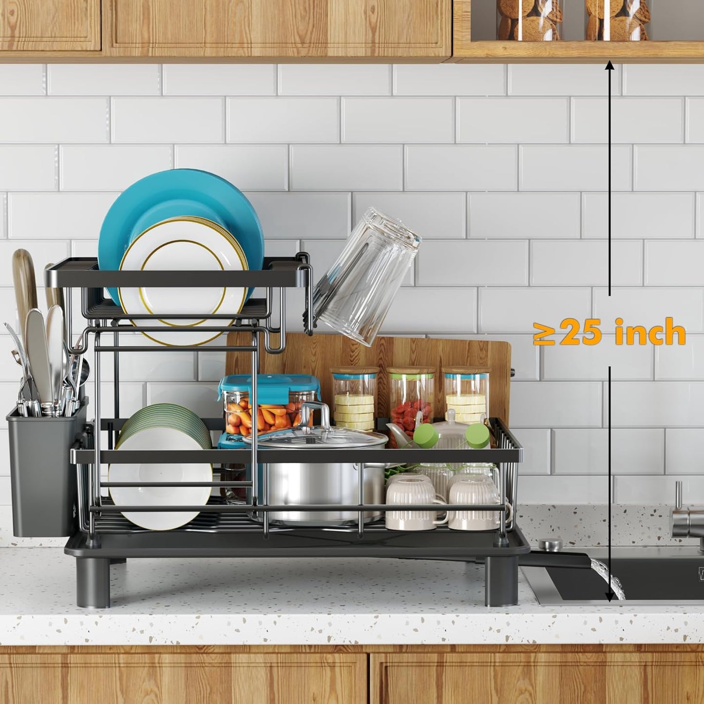 Dish Drying Rack, 2 Tier Dish Racks for Kitchen Counter, Compact Drying Rack Kitchen, Rust-Resistant Dish Drainer, Detachable Space-Saving Dish Rack with Drainboard, Utensil Holder, Black