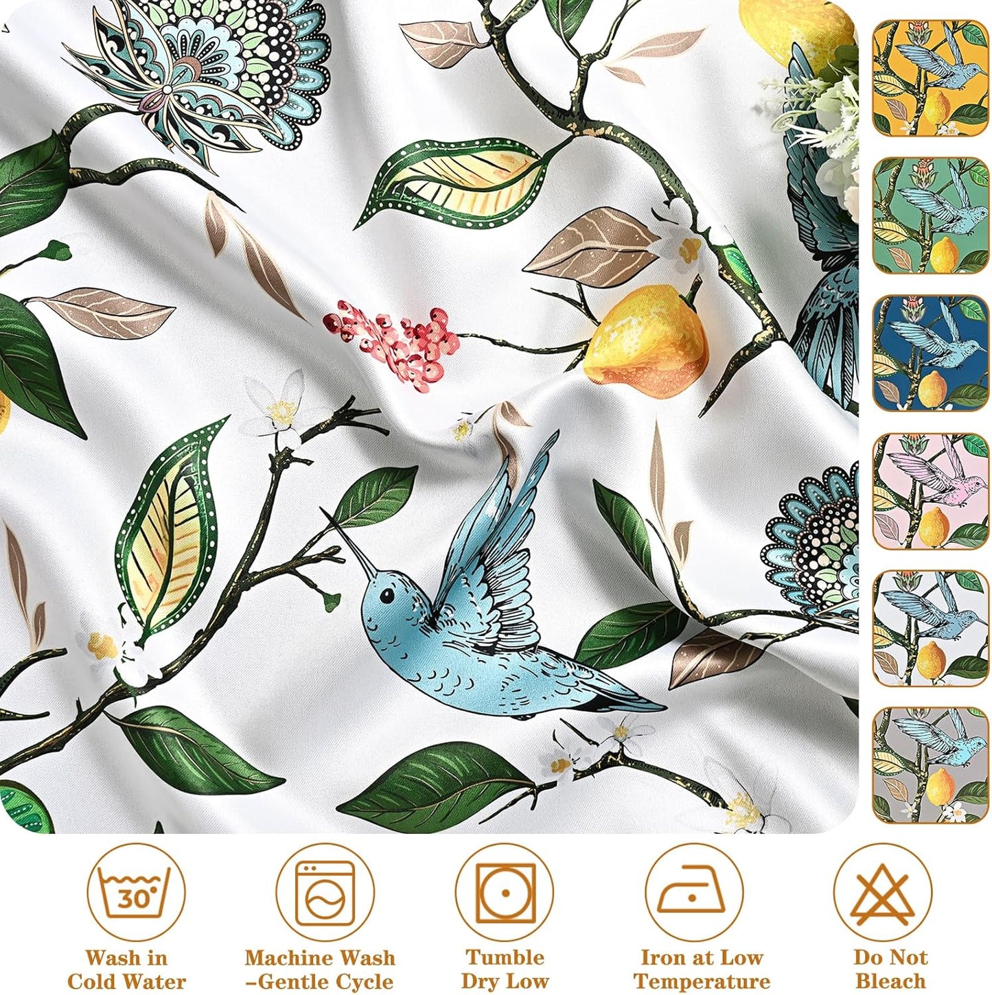 FRAMICS White Blackout Kitchen Curtains 36 Inch Length Birds Floral Bathroom Curtains Rod Pocket Lemon Short Curtain for Windows Cafe Basement Living Room Cabinet, 2 Panels