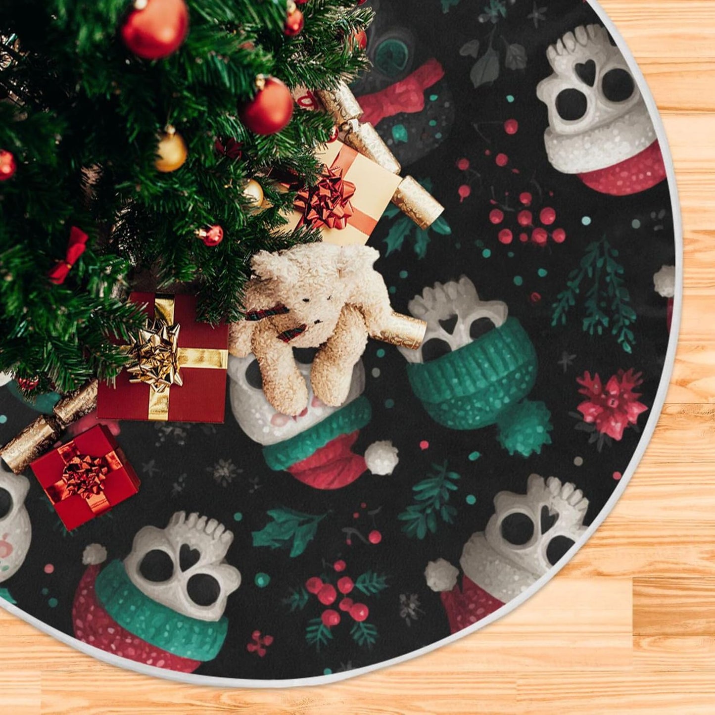 Skulls Christmas Tree Skirt Seasonal Tree Mat Holiday Party Supplies Ornaments Indoor Outdoor Decorations for Tabletop Trees 35.4 Inches