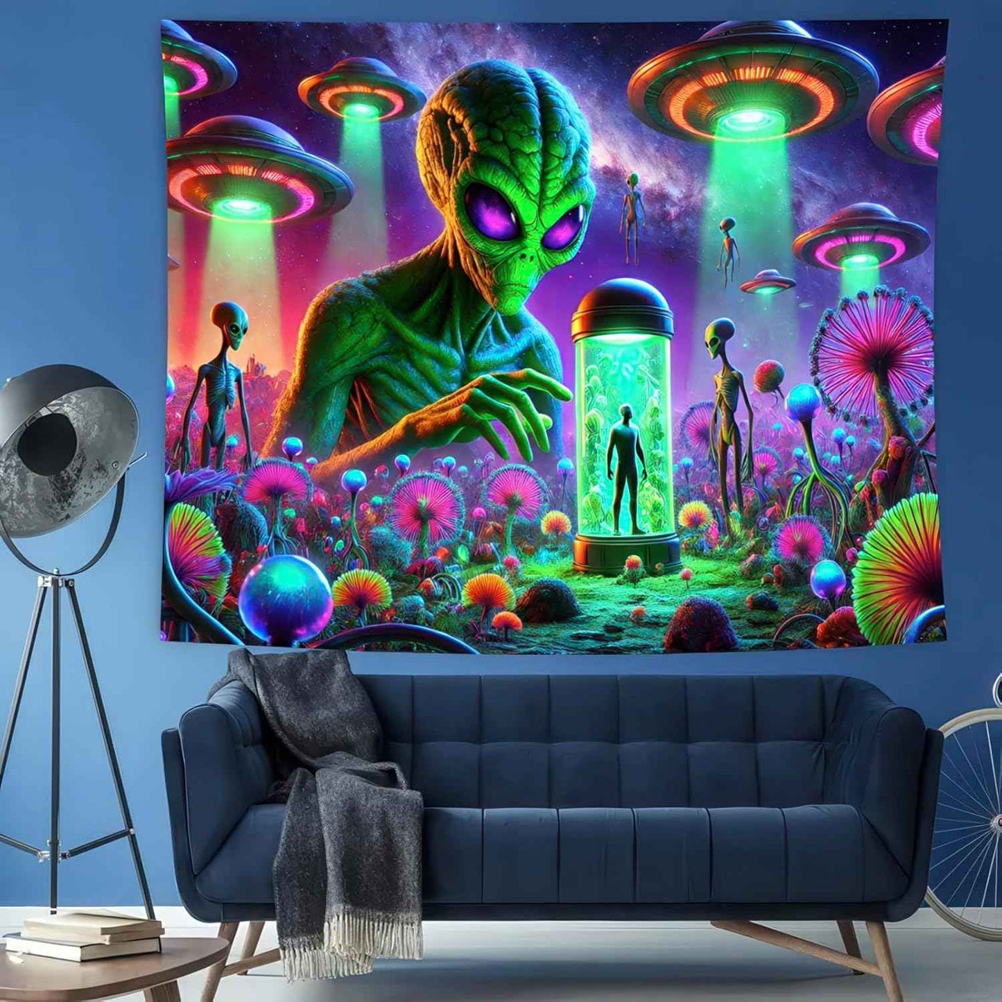 BlissYard Neon Alien UFO Black Light Tapestry Cosmic Sci Fi Mushroom Planet UV Reactive Psychedelic Space Blacklight Tapestry Wall Hanging for Bedroom Living Room Dorm Game Room Party Decor 78x59 Inch
