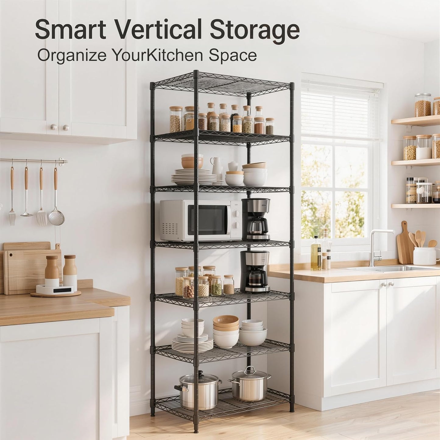 Finnhomy Heavy Duty 7 Tier Wire Shelving, 24x24x72 inches 7 Shelves Storage Rack with Thicken Steel Tube, Pantry Shelves for Storage, Adjustable Metal Shelf Unit, NSF Certified, Black