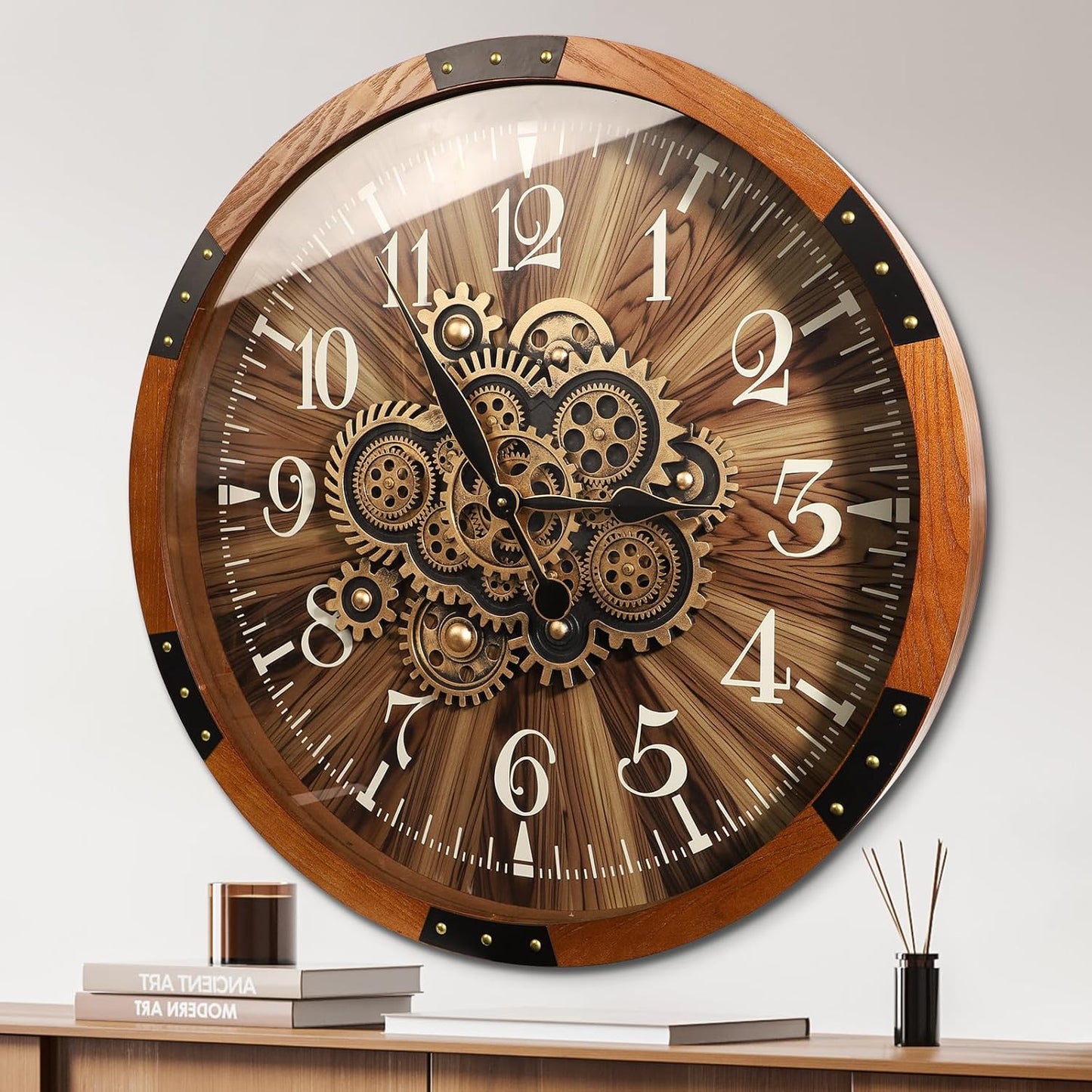 Wall Clocks for Living Room Decor, Large Real Moving Gears Clock, Vintage Industrial Oversized Rustic Farmhouse Kitchen Office Fireplace Wall Decor (Brown, 27 inch)