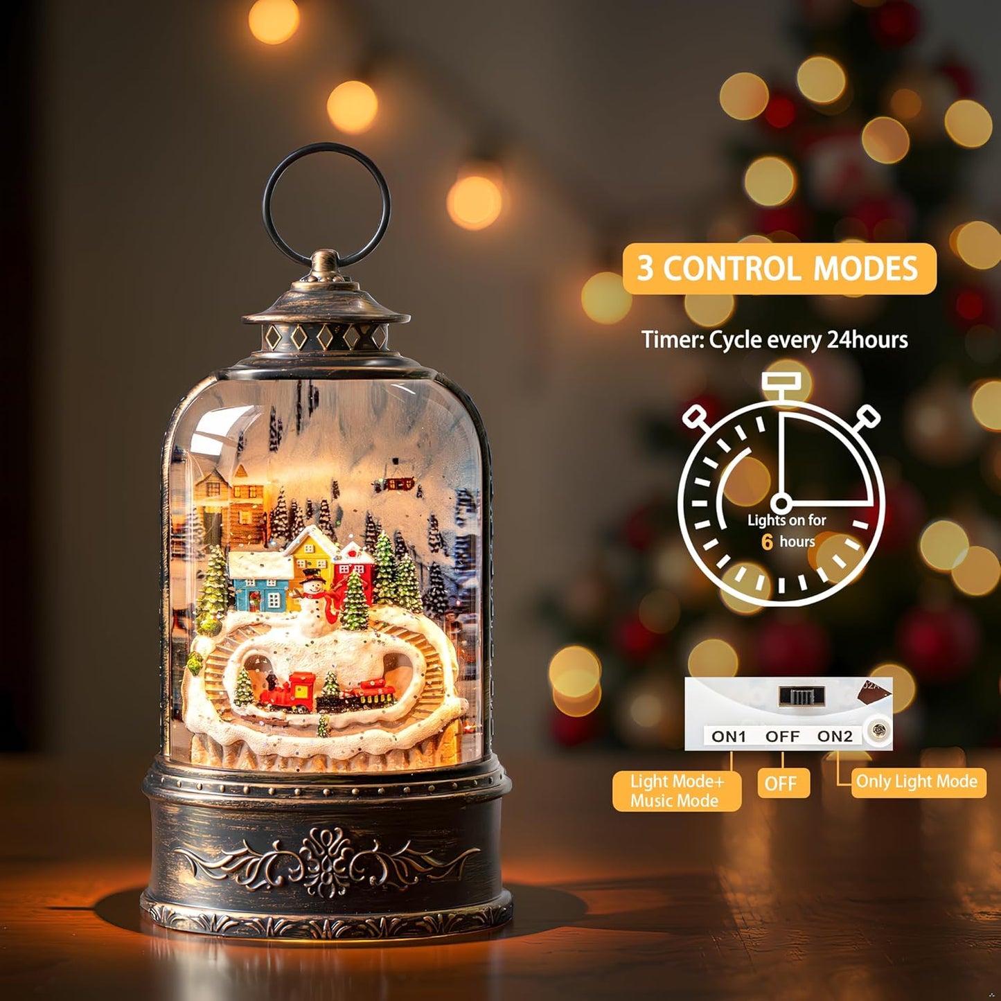 Christmas Snow Globe Lantern Water Glittering Snowman & Train with Music & Timer, USB Lined/Battery Operated Lighted Lantern for Christmas Festival Decoration Gifts