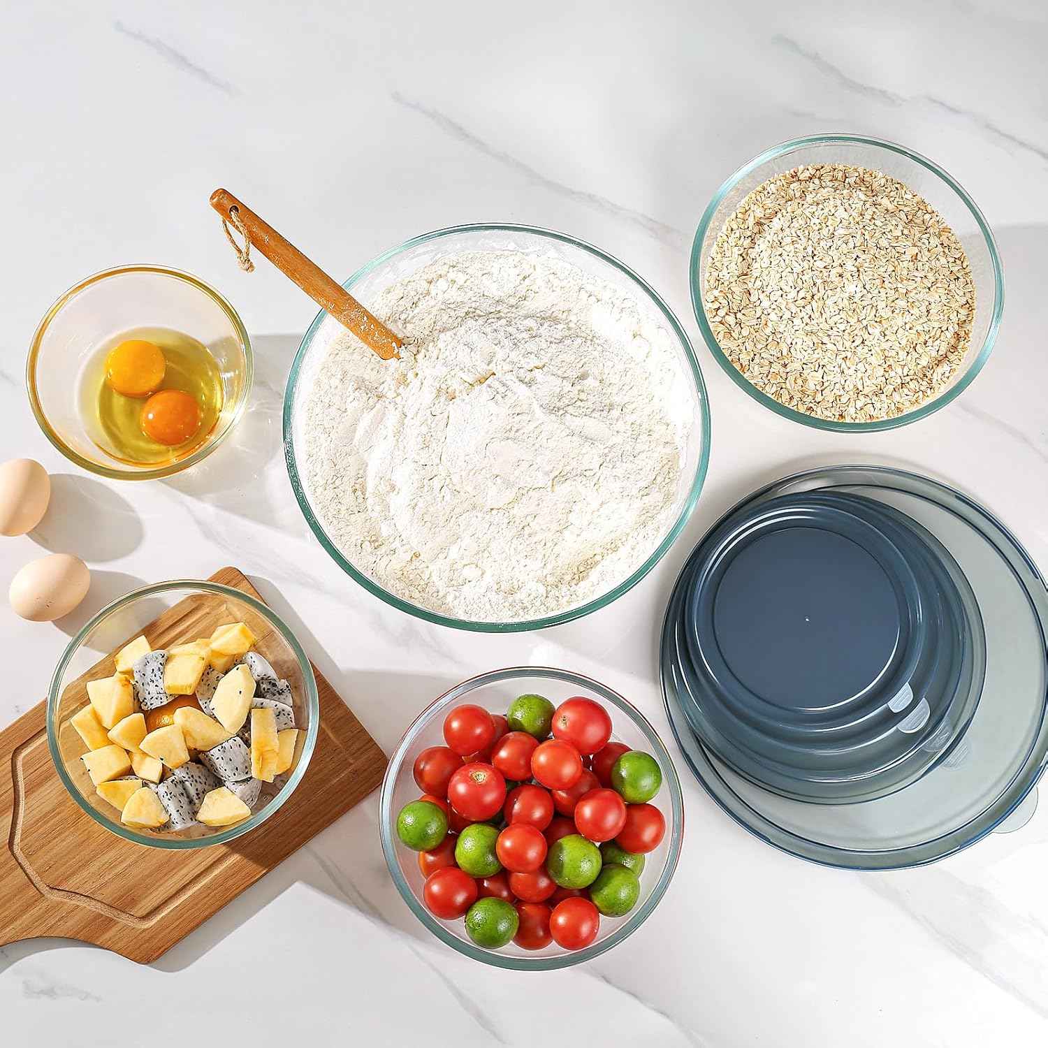 Glass Mixing Bowls with Lids Set of 5(4.78QT,2.2QT,1.7QT,1.1QT,0.85QT),Thick Glass Nesting Bowls for Kitchen Baking,Cooking Prep,Storage,Serving,Large Salad Bowls,Dishwasher Microwave Freezer Safe
