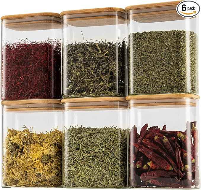 D2scrma 37oz Rectangle Airtight Glass Storage Containers with Bamboo Lids (Set of 6), Square Food Storage Jar, Pantry Organizers for Cereal, Nuts, Snacks and Coffee beans (‎with Black Lable)