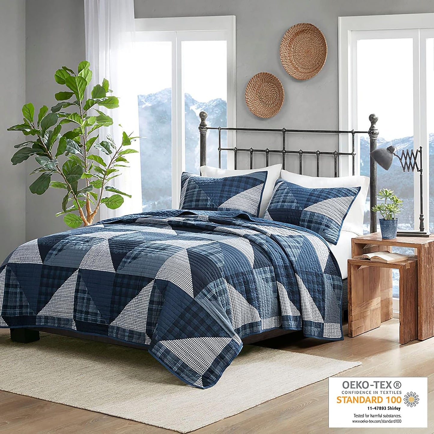Woolrich Olsen Reversible Quilt Set - Cottage Styling Reversed to Solid Color, All Season Lightweight Coverlet, Cozy Bedding Layer, Matching Shams, Oversized Full/Queen, Geometric Plaid Blue 3 Piece