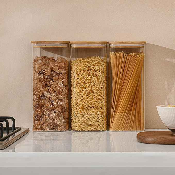 D2scrma 71oz Rectangle Airtight Glass Storage Containers with Bamboo Lids (Set of 3), Square Food Storage Jar, Pantry Organizers for Sugar, Flour, Spaghetti and Coffee beans (‎with Black Lable)