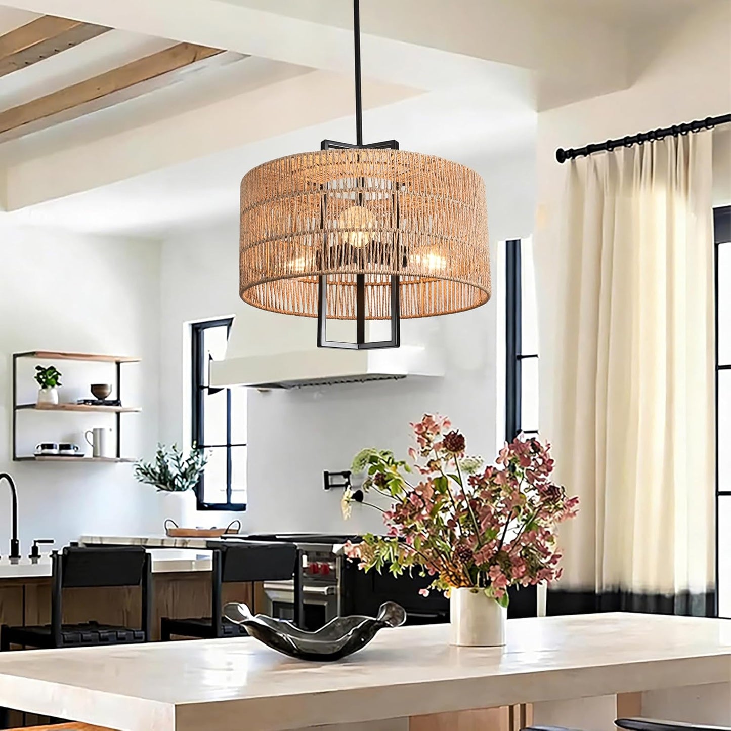 3-Light Boho Chandelier Rattan Light Fixture 17.71" Farmhouse Chandelier for Dining Room Light Fixture Rustic Durm Chandelier Hand Woven Rattan Pendant Light Fixture