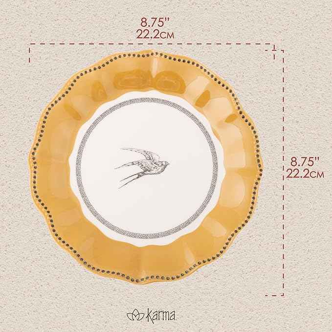 Karma, 8.75 inches Melamine Salad Plates Set of 4, Reusable Dishwasher Safe Plates for Outdoor and Indoor, Bird