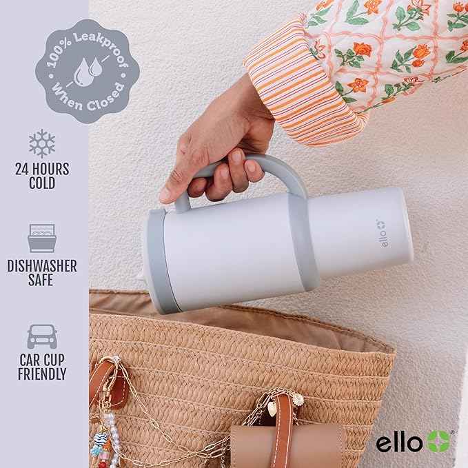 Ello Oasis 24 oz Tumbler with Handle & Retracting Straw | Reusable Insulated Stainless Steel Cup 100% Leakproof, Gifts for Teens Women Men | Keeps cold for 24 Hours, Cup Holder Friendly, Grayscale