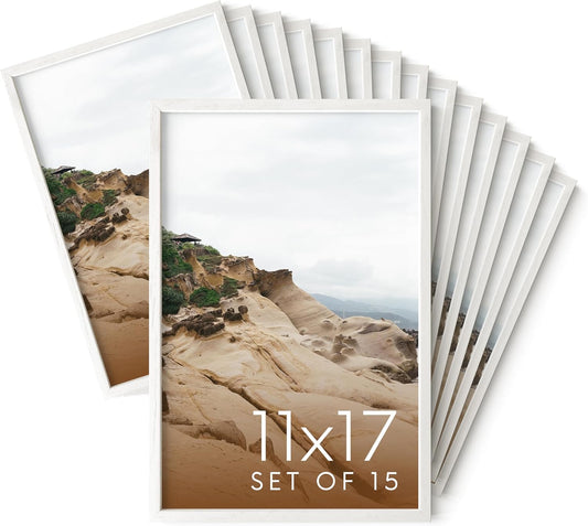 Haus and Hues 11x17 White Oak Wood Picture Frames Set of 15 - Premium Bulk Picture Frames 11x17 Bundle - Elegant Gallery Wall Frame Set for Posters, Art Display - Ideal for Wall Decor in Home & Office