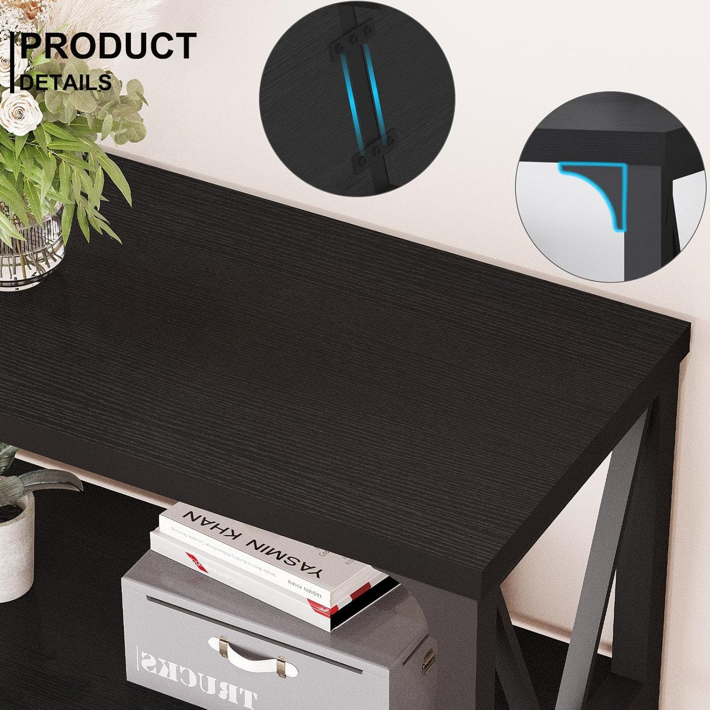 LVB Industrial Entryway Table, Farmhouse Rustic Console Tables Behind Couch, Long Metal Wooden Sofa Table with Storage Shelf, Modern Foyer Hallway Table for Living Room Bedroom, Black Oak, 63 in