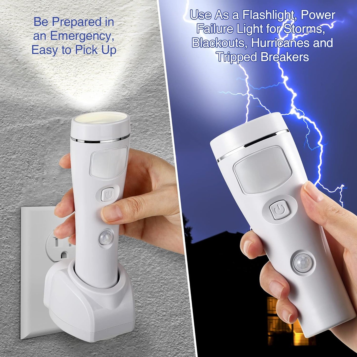 Enhon 4 in 1 LED Emergency Lights for Home Power Failure, 2 Pack Rechargeable Plug in Flashlight Motion Sensor Night Light, Automatic Turn On Power Outage Light for Home Hurricane Supplies(White)