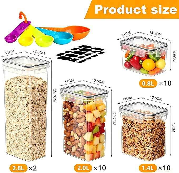 32 Pack Airtight Food Storage Containers with Lids, BPA Free Clear Plastic Pantry Storage Containers, Kitchen Pantry Organizers for Cereal, Flour, Sugar, Dry Food