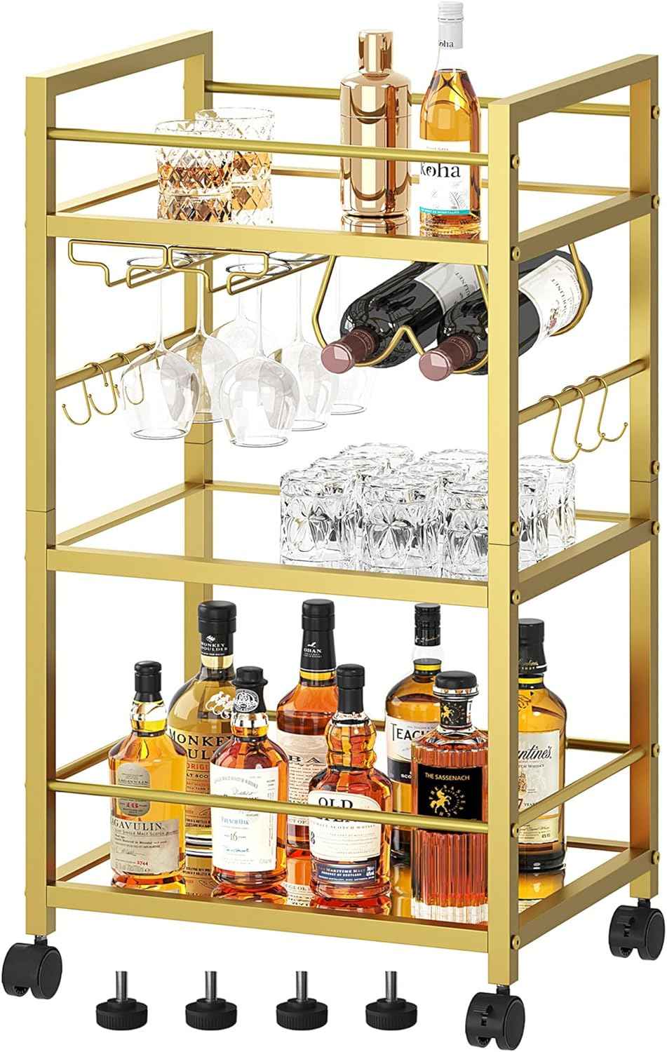 Bar Cart, Serving Cart for Home, Microwave Cart, Drink Cart, Mobile Kitchen Shelf with Wine Rack and Glass Holder, Rolling Beverage Cart for Dining Room, Gold