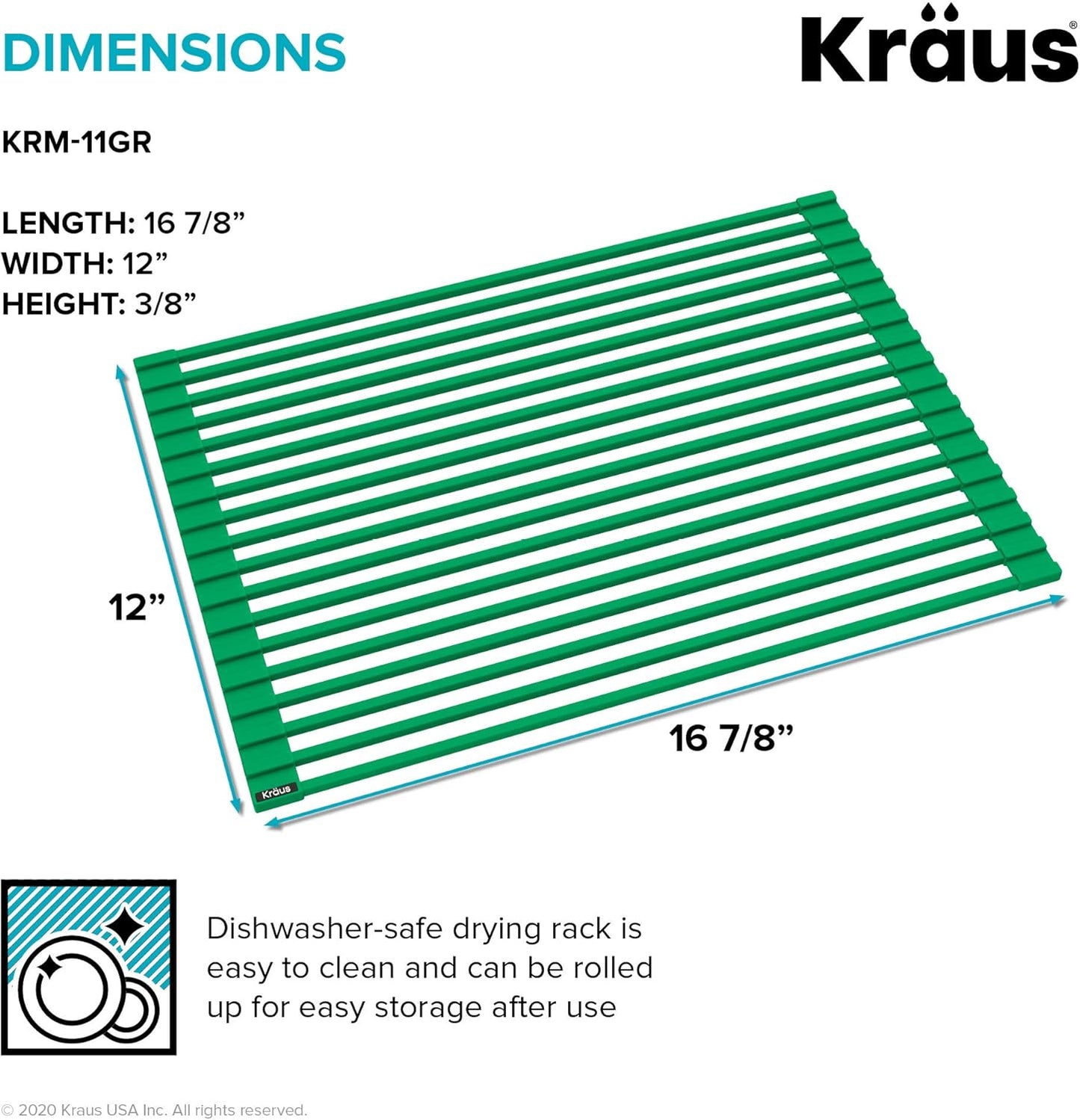 Kraus Multipurpose Workstation Sink Roll-Up Dish Drying Rack, Colander and Trivet in Green, KRM-11GR