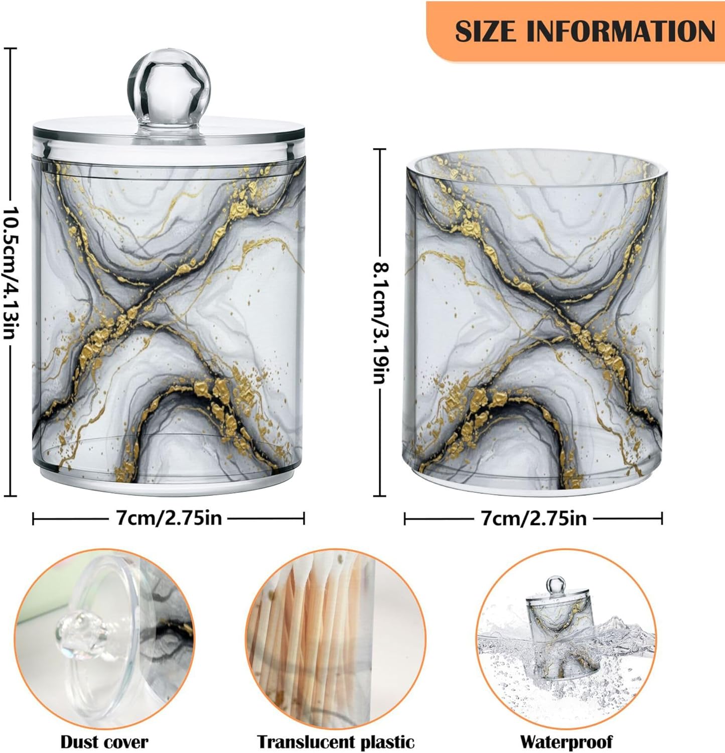 MNSRUU 2 Pack Qtip Holder Organizer Dispenser Marble White Gold Bathroom Storage Canister Cotton Ball Holder Bathroom Containers for Cotton Swabs/Pads/Floss