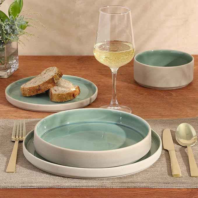 Gibson Elite Liberty Bay 16-Piece Pottery Clay Stoneware Dinnerware Set – Mint Green Reactive Glaze, Stackable Plates and Bowls W/Pasta Bowl, Service for 4 – Microwave & Dishwasher Safe