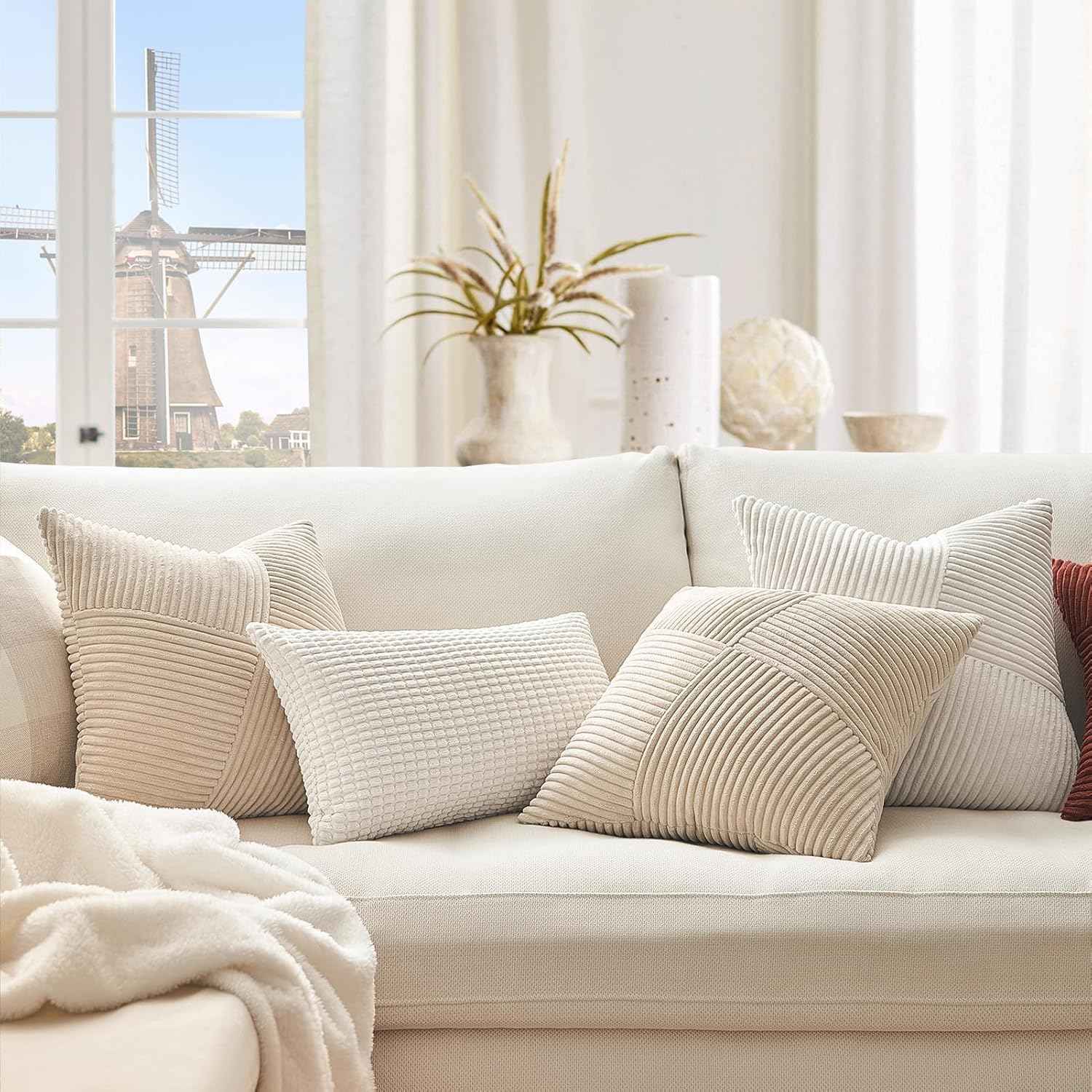 Topfinel Tan Decorative Throw Pillow Covers 18x18 Set of 2 Windmill Textured Striped Patchwork Pillow Covers Soft Corduroy Square Beige Cushion Cases for Couch Sofa Bed Boho Home Decor