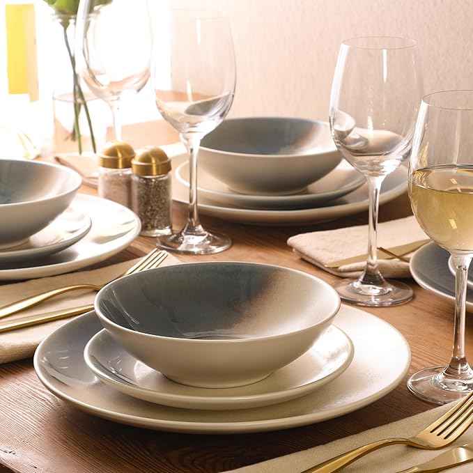 Gibson Elite Crescenton Plates and Bowls Sets, 12-Piece Blue Stoneware Dinnerware Sets, Round Reactive Glaze Dish Set