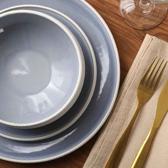 Gibson Elite Pacifco Beach Plates and Bowls Sets, 12-Piece Stoneware Dinnerware Sets, Reactive Glaze Dish Set - Blue