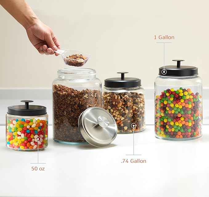 KooK Glass Kitchen Canister Set, Food & Storage Containers for Pantry, Bathroom Apothecary Jars, Tinplate tight Lids, Counter Organizers, 50 oz, Black, Set of 2