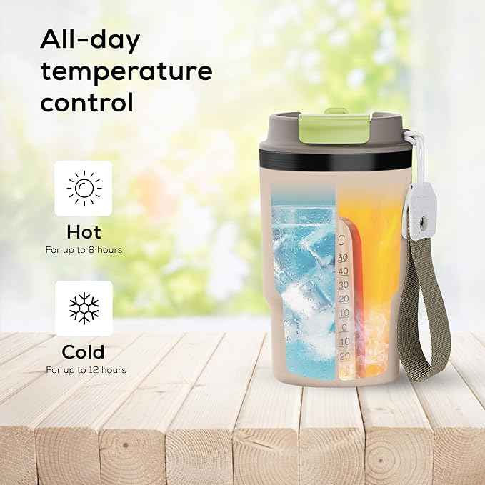 Insulated 16oz Stainless Steel Tumbler Mug Leakproof Double Walled Vacuum Thermal Coffee Cup with 2-in-1 Straw & Lid, Cupholder-Friendly Travel Mug for Hot & Cold Drinks (Beige)