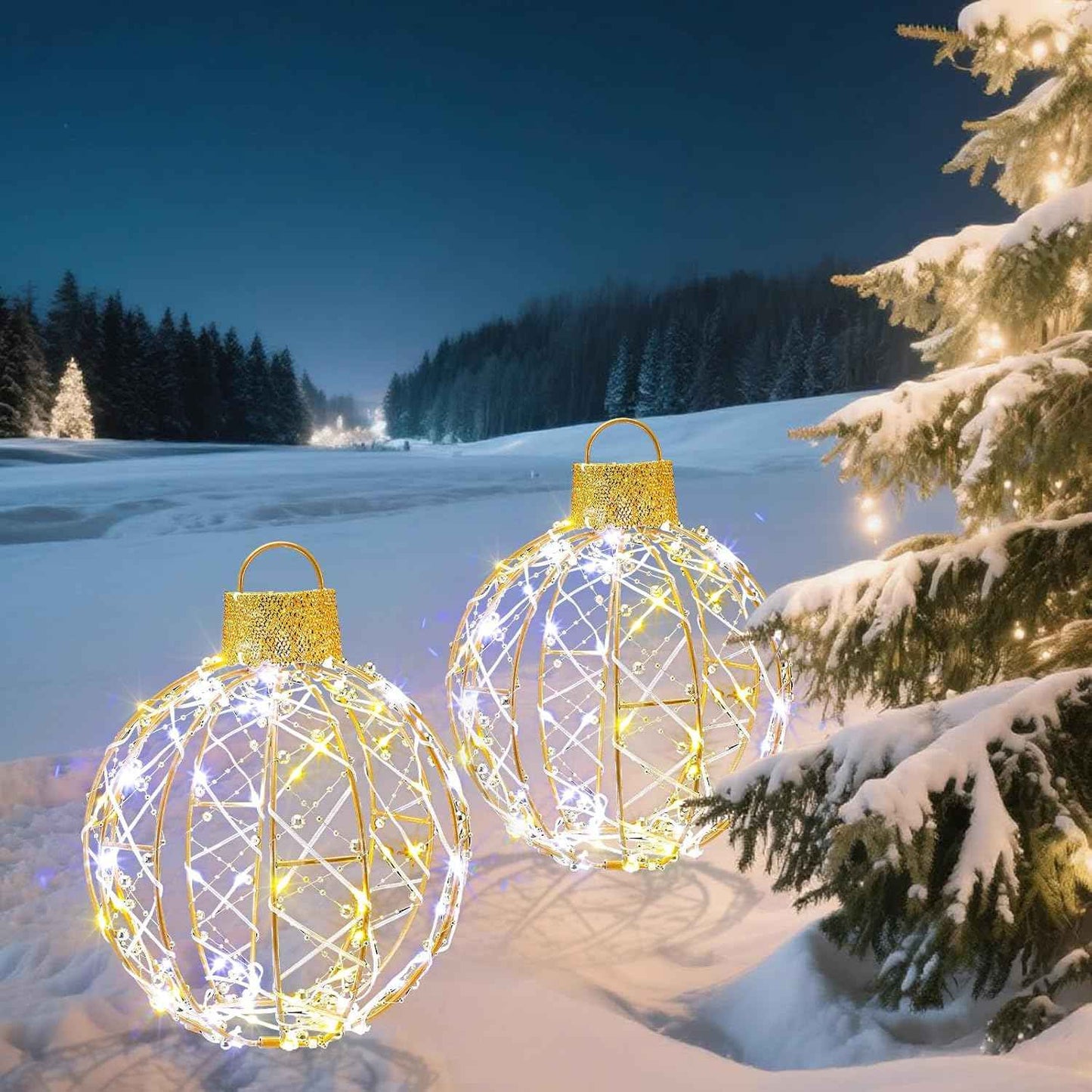 Mudder 2 Pack Christmas Light Balls Outdoor Sphere Lights 12" Hanging LED Holiday Ornaments with 120 Warm and White Lights Waterproof Large Christmas Balls for Outdoor Porch Patio Xmas Decor