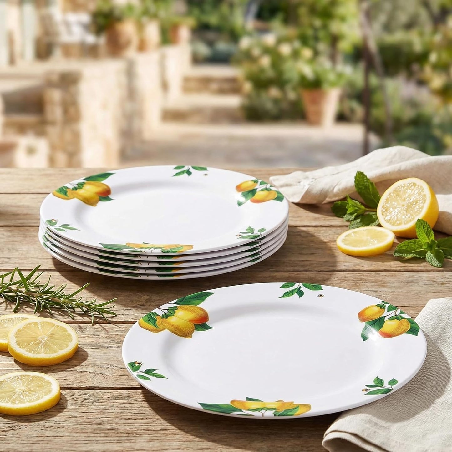 Melamine Dinner Plates 10 Inch – Lemon Print Design Dishes Set of 6,Outdoor & Indoor Use,Shatterproof & Dishwasher Safe,Perfect for Picnic, Patio, and Everyday Dining,White