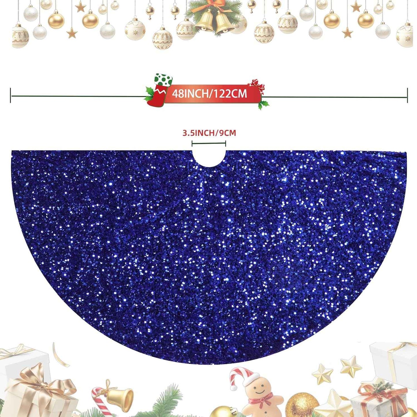 Christmas Tree Skirt 48 Inch, Blue Sequin Christmas Trees Skirt, Large Sparkle Xmas Tree Stand Base Used for Christmas Holiday Indoor Home Decoration