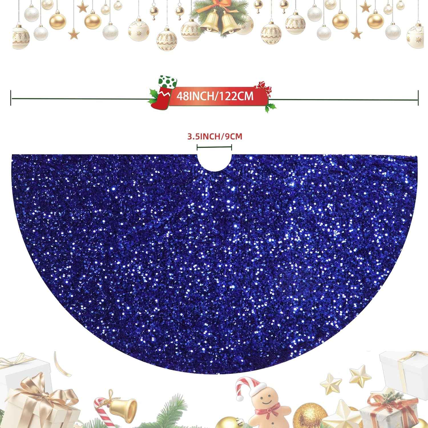Christmas Tree Skirt 48 Inch, Blue Sequin Christmas Trees Skirt, Large Sparkle Xmas Tree Stand Base Used for Christmas Holiday Indoor Home Decoration