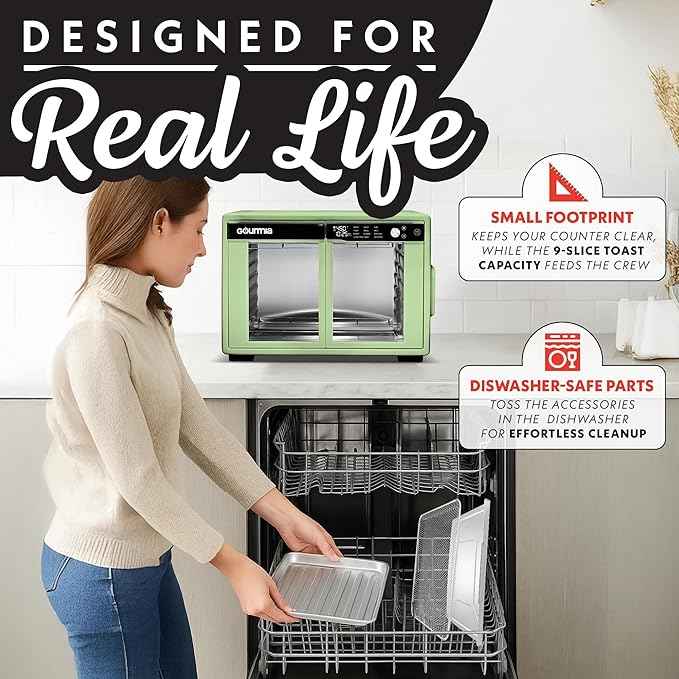 Gourmia French Door Air Fryer Oven - 37 Qt Large Capacity Convection Toaster Oven, FryForce 360°, Digital Display, 12 Cooking Presets, Dehydrate, Fits 13” Pizza, Dishwasher-Safe, Green