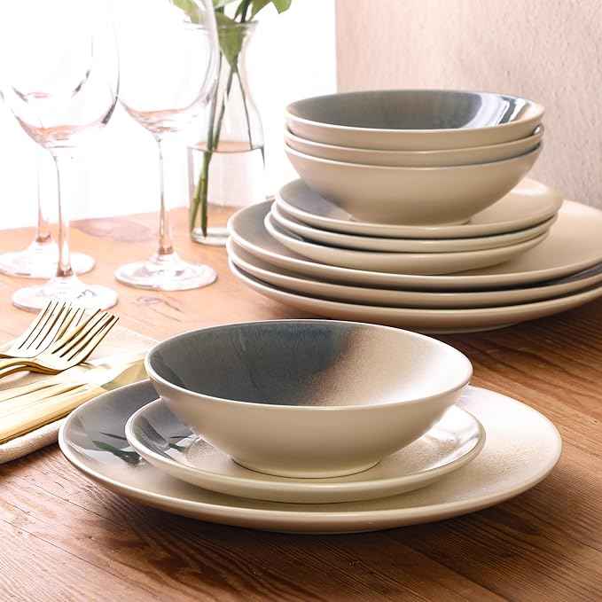 Gibson Elite Crescenton Plates and Bowls Sets, 12-Piece Blue Stoneware Dinnerware Sets, Round Reactive Glaze Dish Set