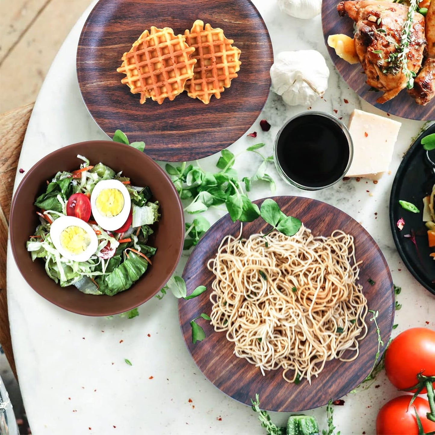 TP 12-Piece Melamine Dinnerware Sets, Plates and Bowls Dishes Set for 4, Break-Resistant & Non-Microwavable, Lightweight Dinner Plates, Wood Grain