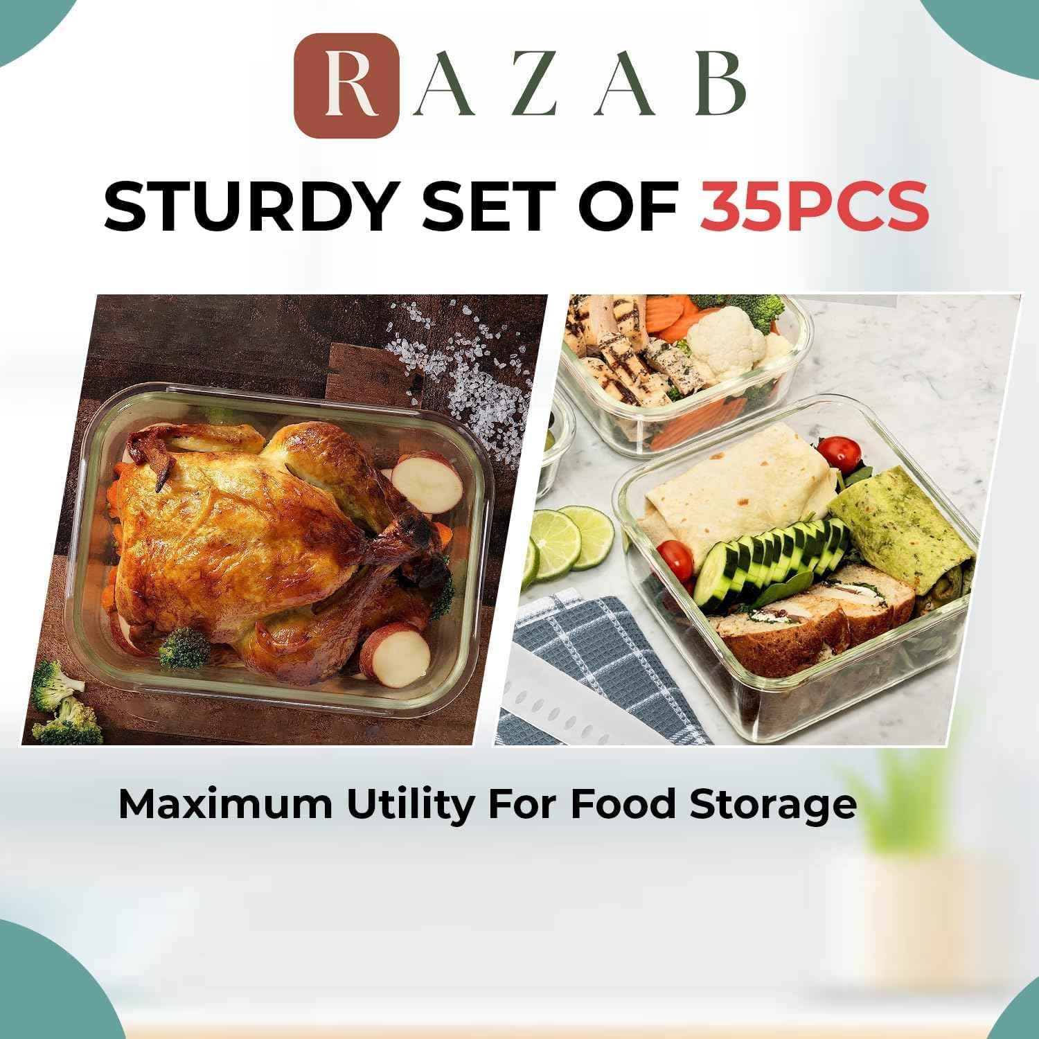 Razab 35 Pc Set Glass Food Storage Containers with Lids - Meal Prep Airtight Bento Boxes BPA-Free 100% Leak Proof (15 lids,15 glass & 5 Plastic Sauce/Dip Containers)