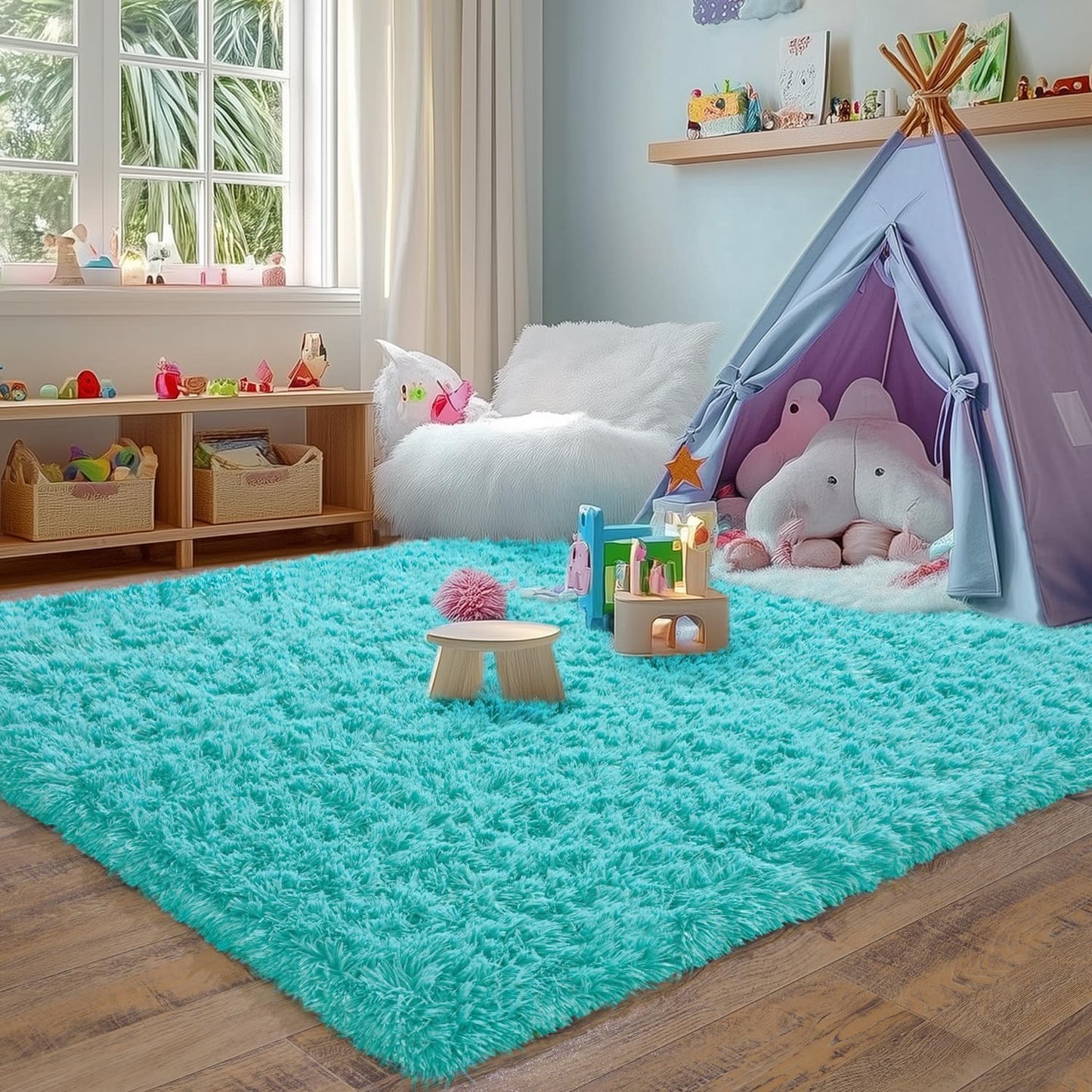 Rezutan Super Soft Fluffy Rug for Living Room Bedroom Large Comfy Modern Shaggy Fuzzy Plush Indoor Nursery Classroom Home Decor Bedside Rug with Non-Slip Bottom,Teal Blue,6 X 9 Feet